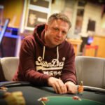 Ein professioneller Pokerspieler mit Sonnenbrille und Kappe sitzt an einem Pokertisch und betrachtet konzentriert seine Karten. Im Hintergrund sind weitere Spieler und Chips zu sehen.