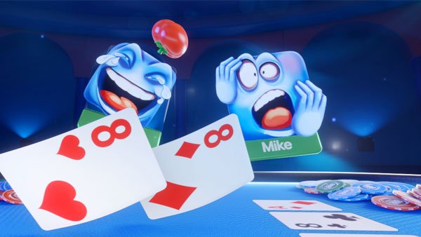 Ein lebendiges Pokerturnier mit verschiedenen Spielern an einem Tisch, die ihre Karten halten und konzentriert auf ihre Strategie achten. Die Chips und Karten auf dem Tisch deuten auf ein spannend