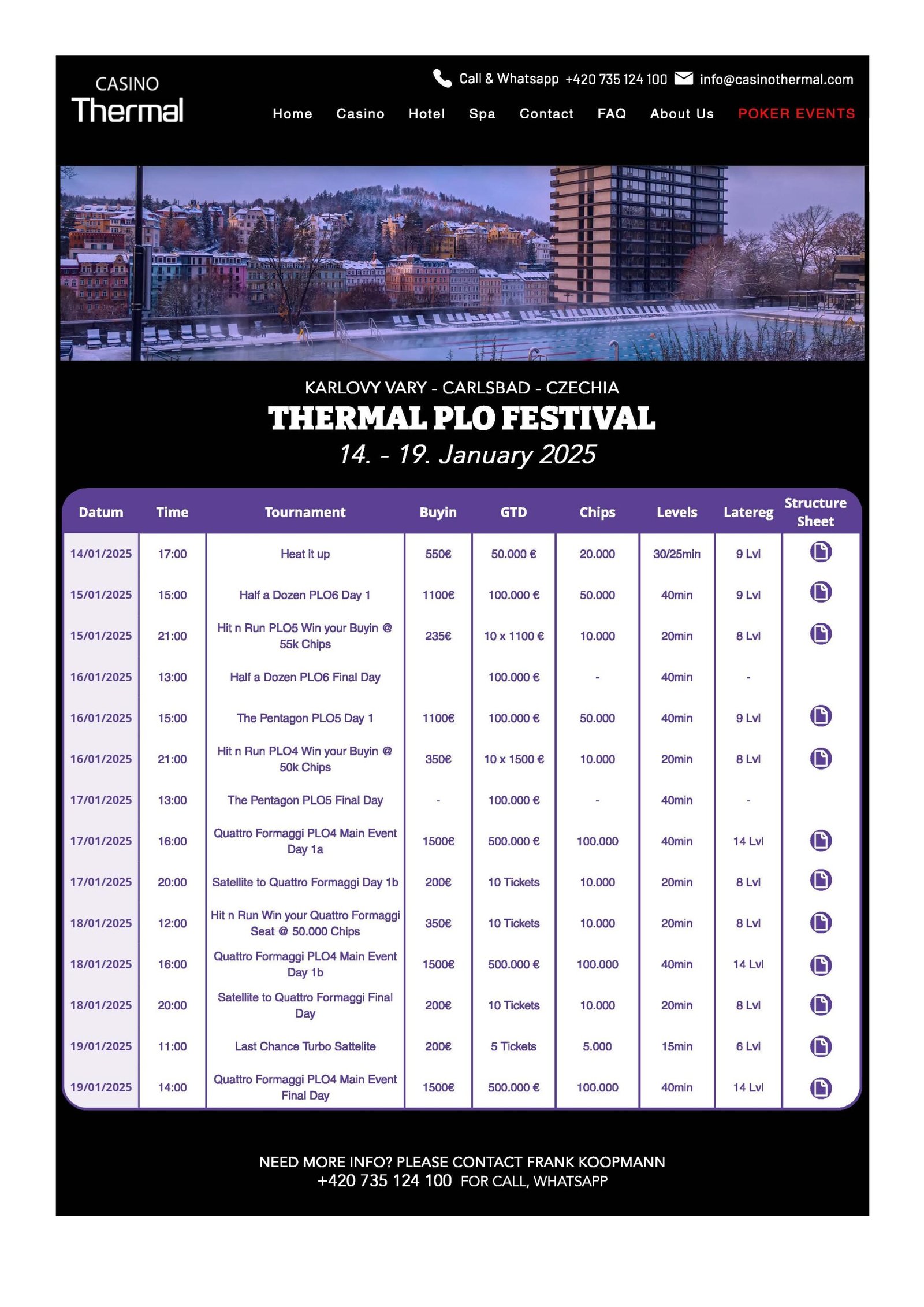 Ein Foto eines Turnierplans für Pot Limit Omaha (PLO) Veranstaltungen im Thermal Casino. Der Plan enthält Datum, Uhrzeit und Buy-In Informationen für verschiedene PLO-Turniere.
