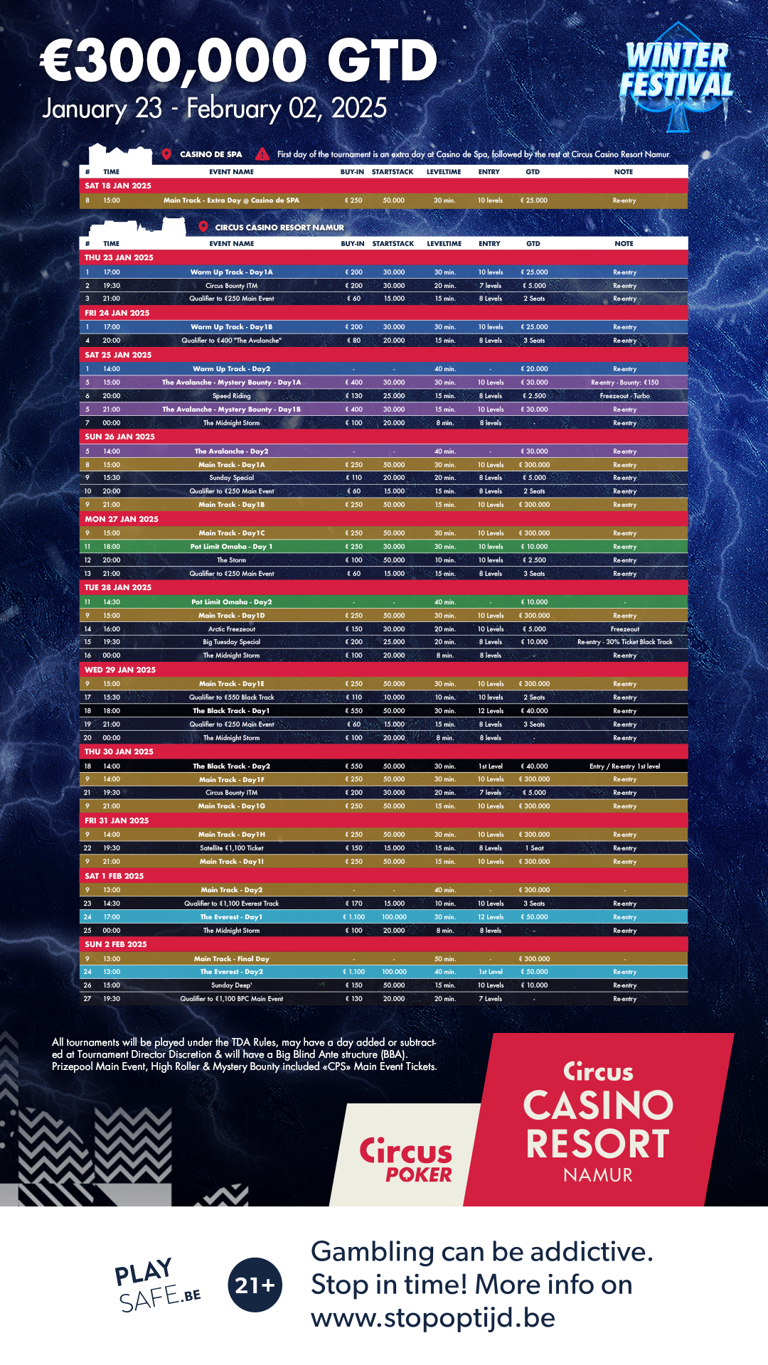 Ein Poster für das Winterfestival 2025 mit einem eleganten Design in Blau- und Weißtönen. Es zeigt eine verschneite Landschaft mit einem festlichen Rahmen und dem Festivalprogramm.