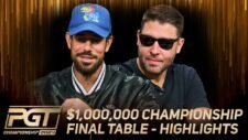 Ein spannendes Bild des Finaltisches der Poker Championship 2024, an dem mehrere Spieler konzentriert sitzen und ihre Karten betrachten. Die Spieler tragen Kopfhörer und haben Pokerchips vor sich
