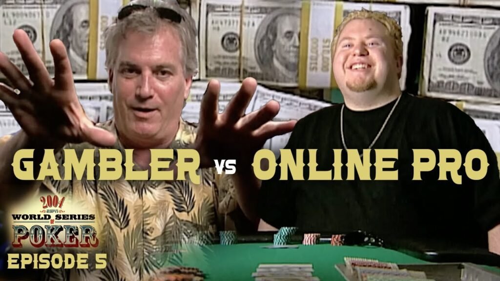 Eine Gruppe von Pokerspielern sitzt an einem Tisch während des World Series of Poker 2004. Sie sind konzentriert und halten ihre Karten. Eine Mischung aus Spannung und Ernsthaftigkeit ist spür