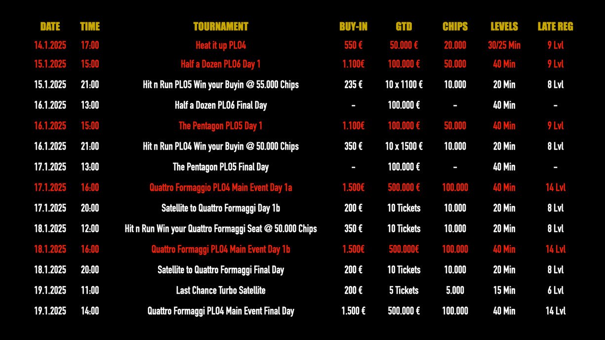 Ein Zeitplan für ein Pokerturnier mit dem Titel "Thermal PLO Schedule", der verschiedene Veranstaltungen und Termine anzeigt.