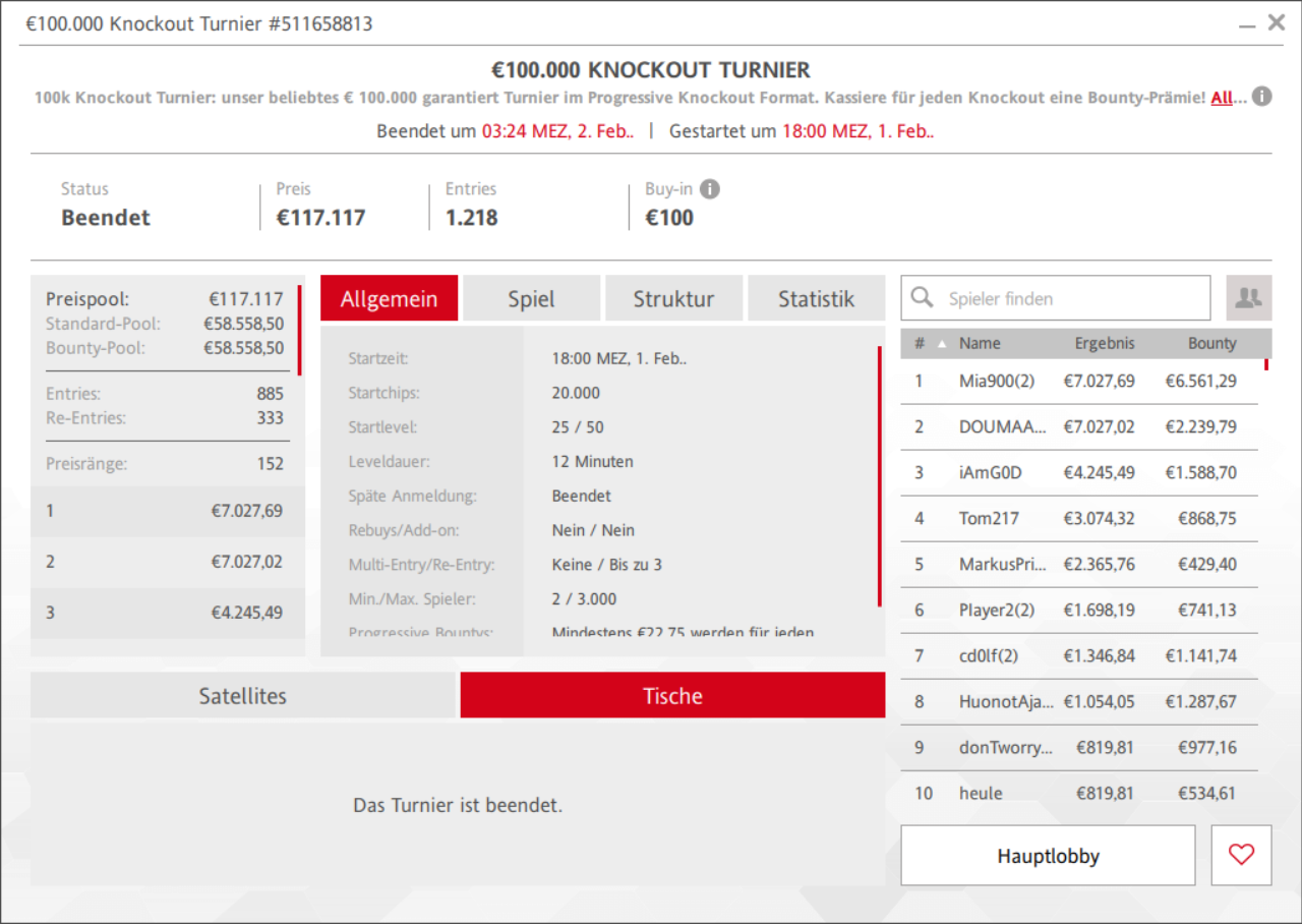 Ein Bild eines Online-Pokerturniers mit einem Preispool von 100.000 Euro. Der Bildschirm zeigt die Pokertische und Spieler, die um den Sieg kämpfen.