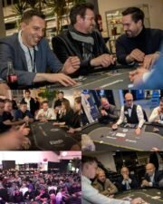 Ein Mann und eine Frau sitzen an einem Pokertisch und halten jeweils Karten in der Hand. Sie haben konzentrierte Gesichtsausdrücke und schauen sich intensiv an. Im Hintergrund sind Poker