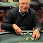 Ein Gruppenfoto von fünf Personen, die um einen Pokertisch herum sitzen und Karten spielen. Die Atmosphäre ist entspannt und gesellig, während sie ihre Karten betrachten.