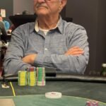 Ein professioneller Pokertisch mit grünem Filz und Spielkarten, umgeben von Pokerchips in verschiedenen Farben und Stapeln von Geldscheinen. In der Mitte des Tisches sind Spieler zu sehen, die kon