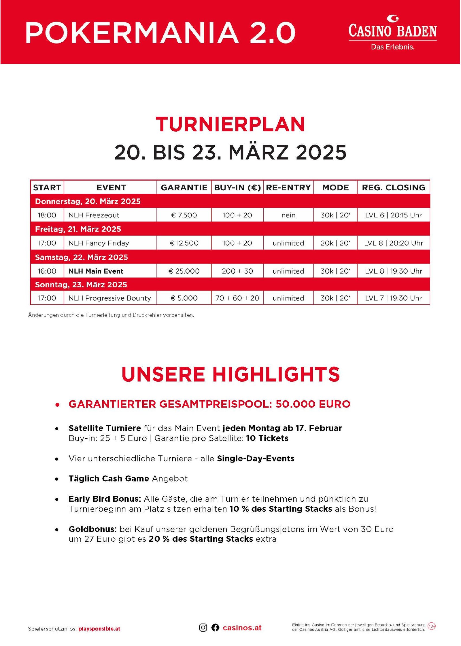 Ein Foto einer Turnierübersicht für das Pokermania-Turnier im März 2025. Das Bild zeigt eine Liste von geplanten Pokerturnieren mit verschiedenen Daten und Uhrzeiten.