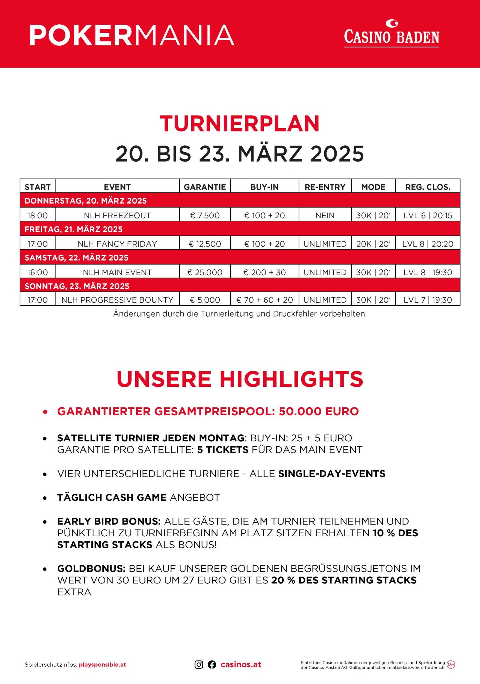 Ein Poster mit dem Titel "Turnierübersicht Pokermania März 2025" zeigt eine Liste von Pokerturnieren mit verschiedenen Daten und Informationen, die auf einem grünen Hintergrund präsentiert werden.