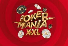 Ein lebhaftes Bild eines Pokertisches bei einem großen Turnier, umgeben von Spielern in schicker Kleidung und mit ernsten Gesichtsausdrücken. Die Tischdecke ist grün mit Pokerchips