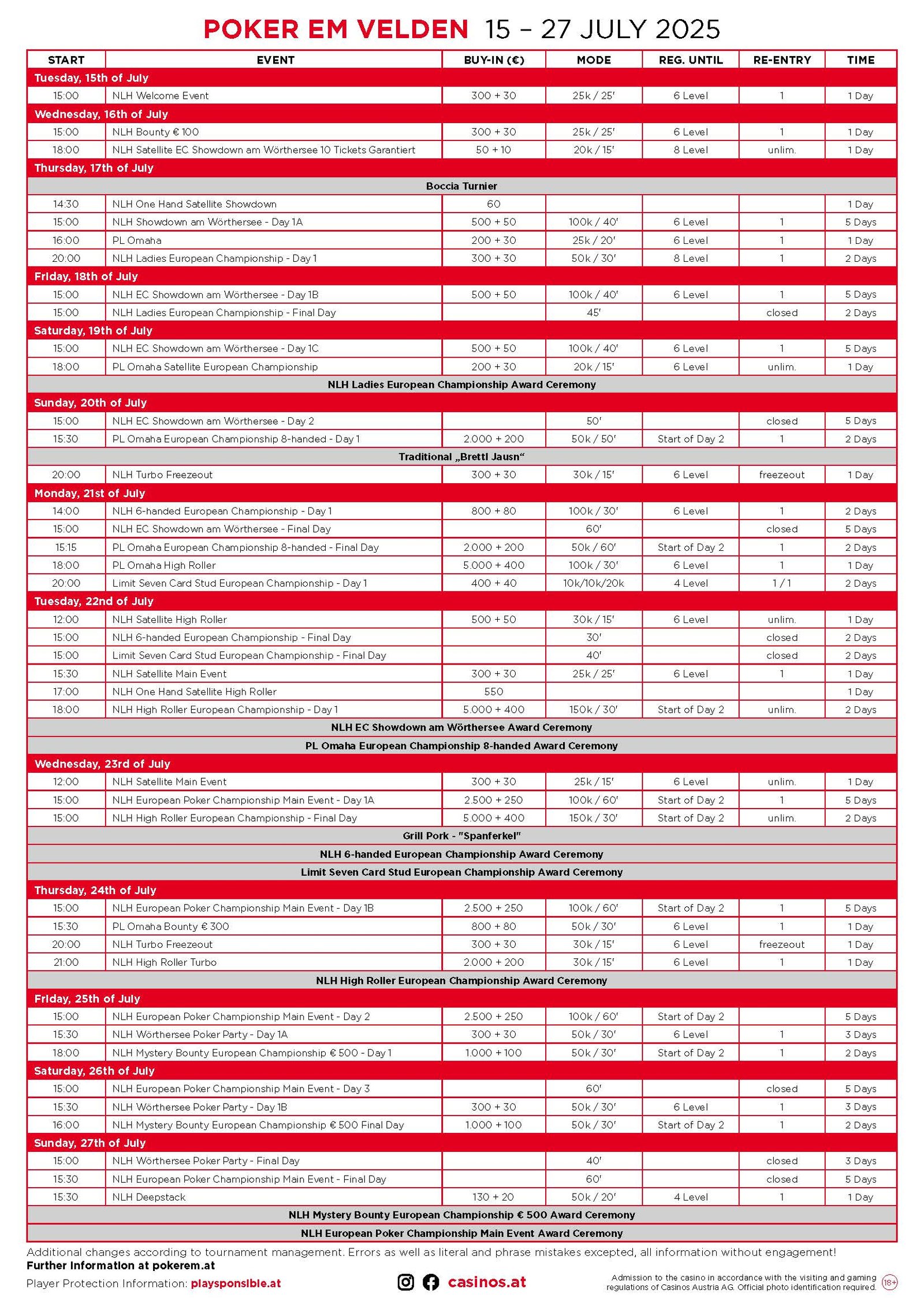 Ein Bild des Turnierplans für die Poker-Europameisterschaft 2025 mit verschiedenen Pokerturnieren und Spielzeiten.