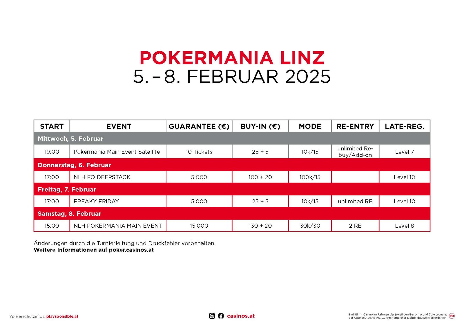 Ein Turnierplan für Pokermania mit verschiedenen Spielen und Terminen, dargestellt auf einem Poster.