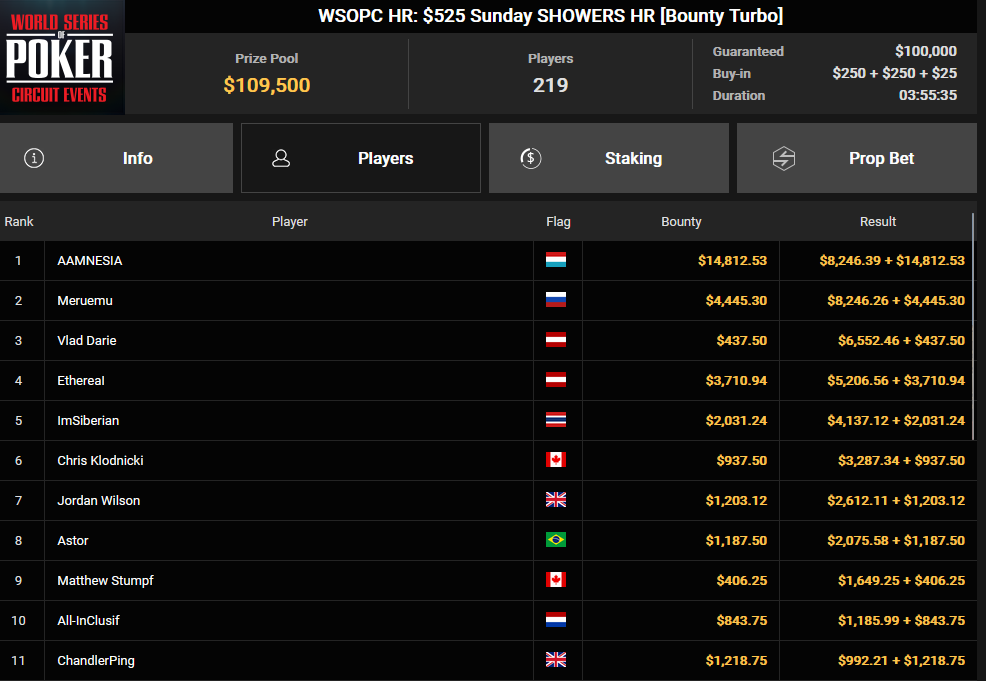 Ein Screenshot von der PokerCraft-Seite, die abgeschlossene Turniere zeigt, dargestellt im Mozilla Firefox Browser.
