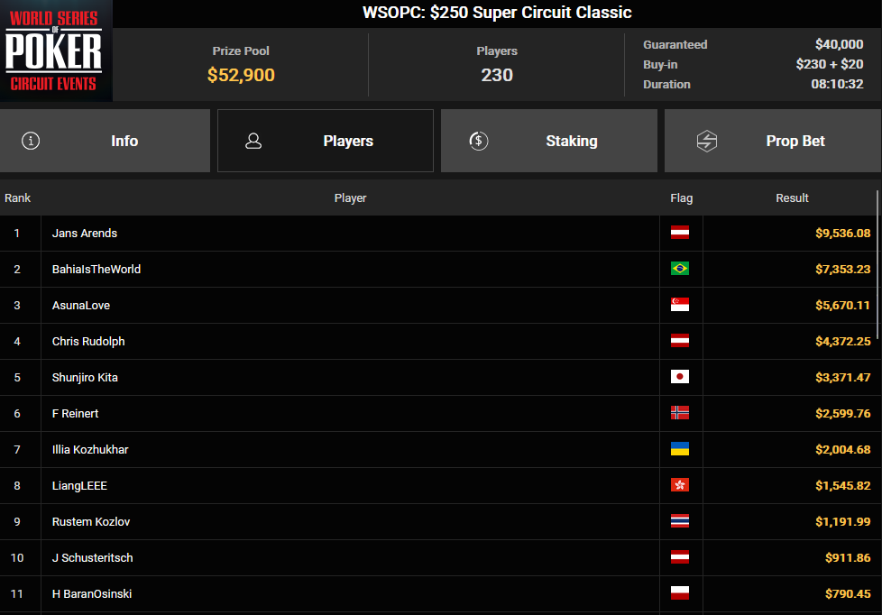 Ein Screenshot von PokerCraft mit abgeschlossenen Turnieren in Mozilla Firefox, das Spielstatistiken und Informationen zu vergangenen Pokerturnieren zeigt.