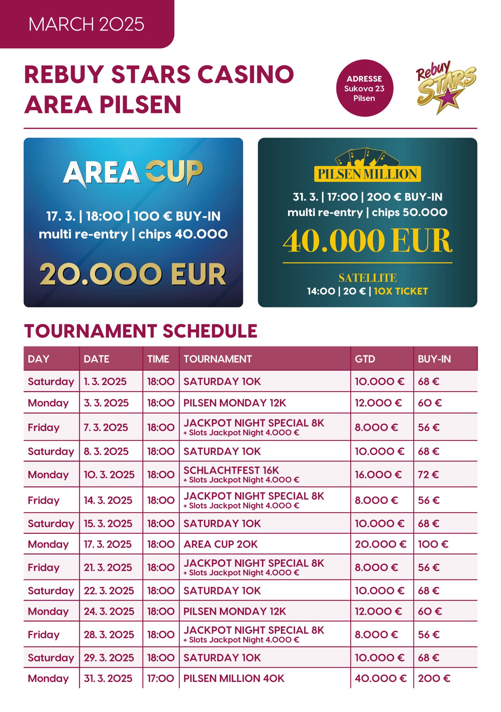 Ein Bild einer gedruckten Pokerturnier-Zeitplanseite mit verschiedenen Daten, Uhrzeiten und Informationen in deutscher Sprache.