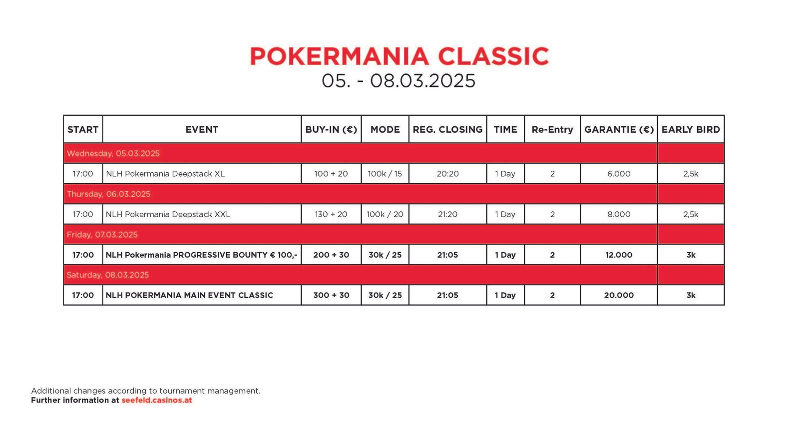 Ein Bild des Turnierplans für die Pokermania Classic 2025. Der Plan zeigt die verschiedenen Turniere, Termine und Buy-Ins für das Pokerturnier.