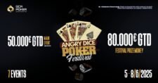Ein Mann wirft wütend Würfel auf den Tisch während eines intensiven Spiel von Würfelpoker.
