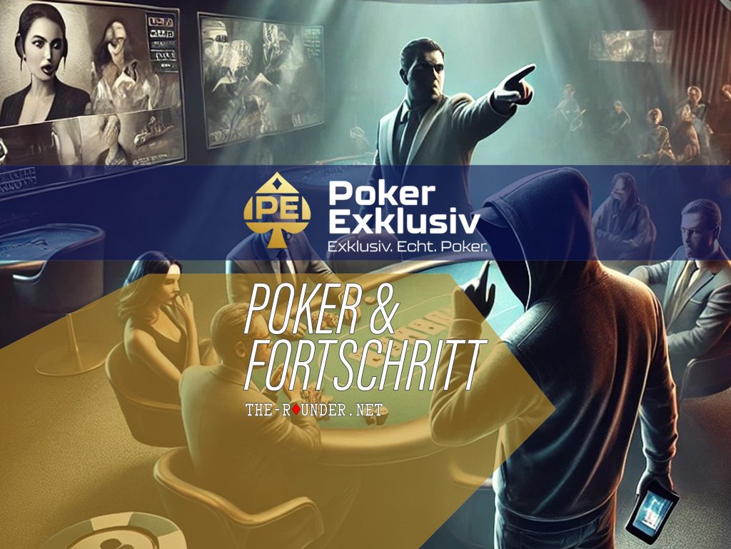 Ein Gruppenbild von Pokerspielern, die konzentriert an einem Tisch sitzen und Karten halten. Im Hintergrund sind Pokerchips und eine elegante Pokertischdecke zu sehen.