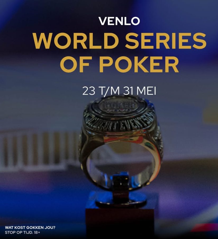 Ein Foto von einer Poker-Turnierveranstaltung im Mai 2025 im Holland Casino Venlo während der World Series of Poker Circuit (WSOPC). Spieler sitzen an Pokertischen und spielen konzentriert. Im Hinter