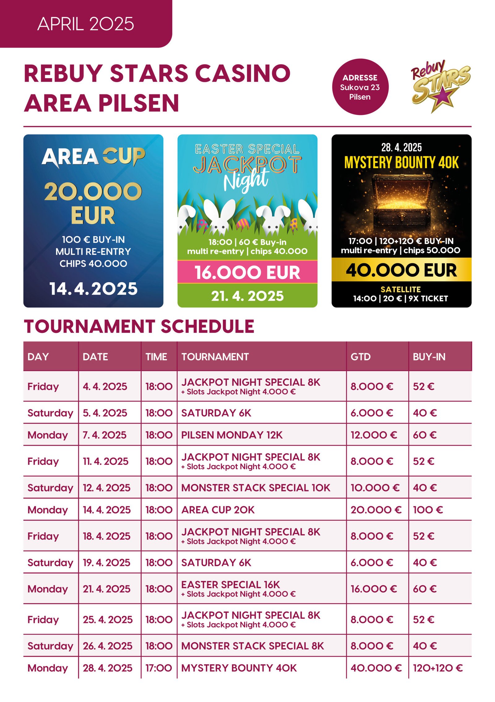 Ein Zeitplan für Pokerturniere im April, der auf einem Laptop-Bildschirm angezeigt wird. Enthält Informationen zu verschiedenen Events und Terminen.