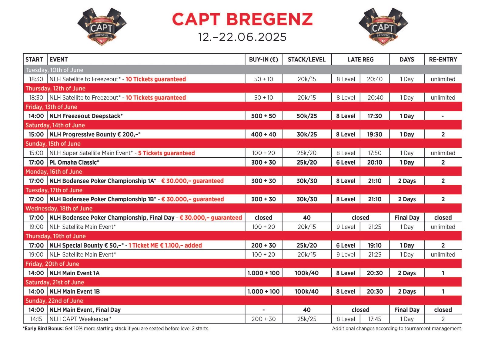 Ein farbiger Turnierplan für das BR24-CAPT Pokerturnier, der auf einem Bildschirm angezeigt wird. Der Plan zeigt verschiedene Veranstaltungen und Termine für das Turnier.