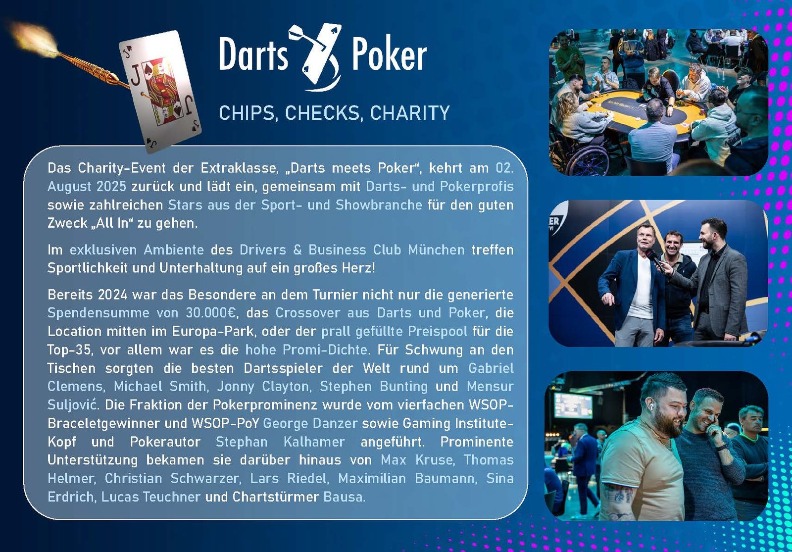 Ein Mann wirft einen Dartpfeil auf eine Dartscheibe während eines Charity-Events, das eine Kombination aus Darts und Poker darstellt. Die Szene zeigt Konzentration und Engagement für den guten Zweck.
