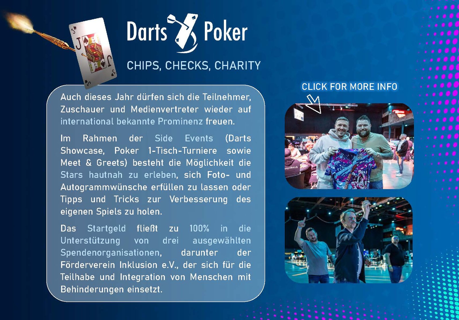 Ein Mann wirft einen Dartpfeil auf eine Dartscheibe während eines Charity-Events, das eine Kombination aus Darts und Poker darstellt.