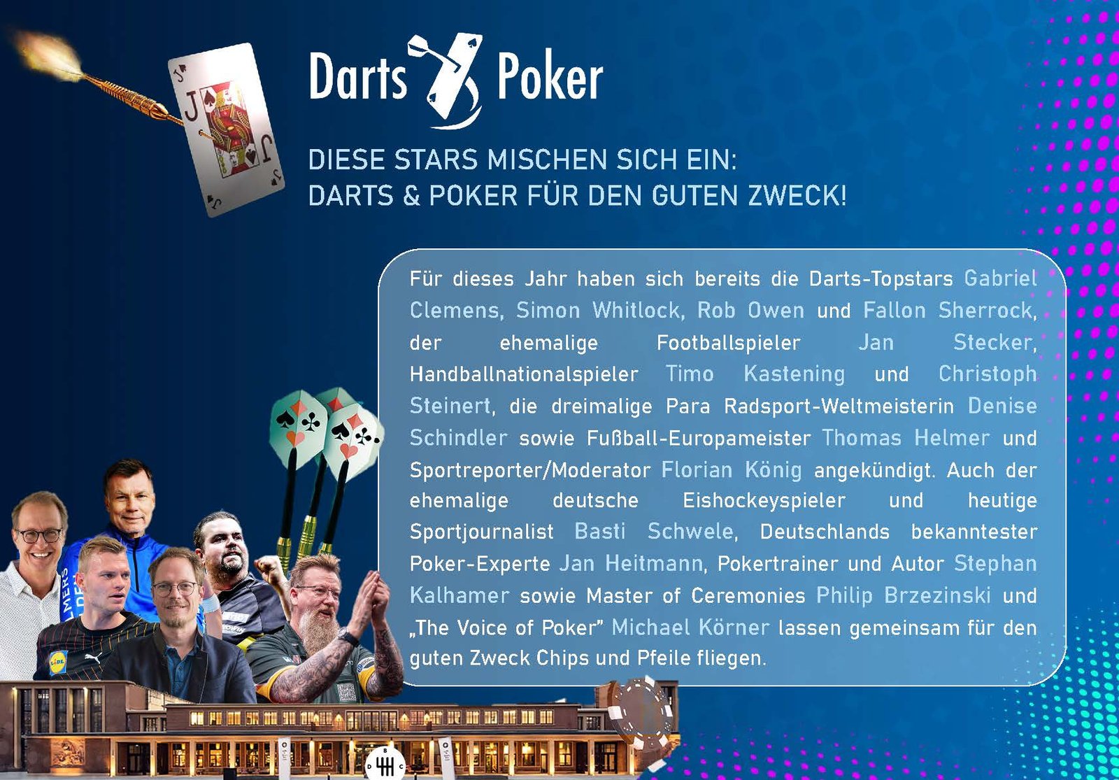 Ein Mann wirft einen Dartpfeil auf eine Dartscheibe während eines Charity-Events, das eine Kombination aus Darts und Poker darstellt.