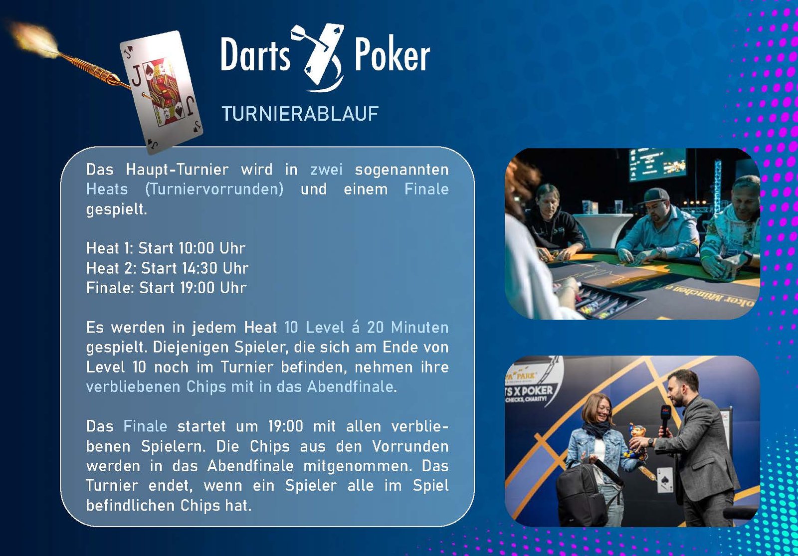 Ein Mann wirft einen Dartpfeil auf eine Dartscheibe während eines Charity-Events, das eine Kombination aus Darts und Poker darstellt.