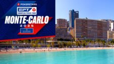 Ein Pokertisch während eines Turniers der European Poker Tour in Monte Carlo. Spieler sitzen um den Tisch herum, Karten und Chips liegen bereit. Ein professionelles Setting mit Spannung und Konzentration.