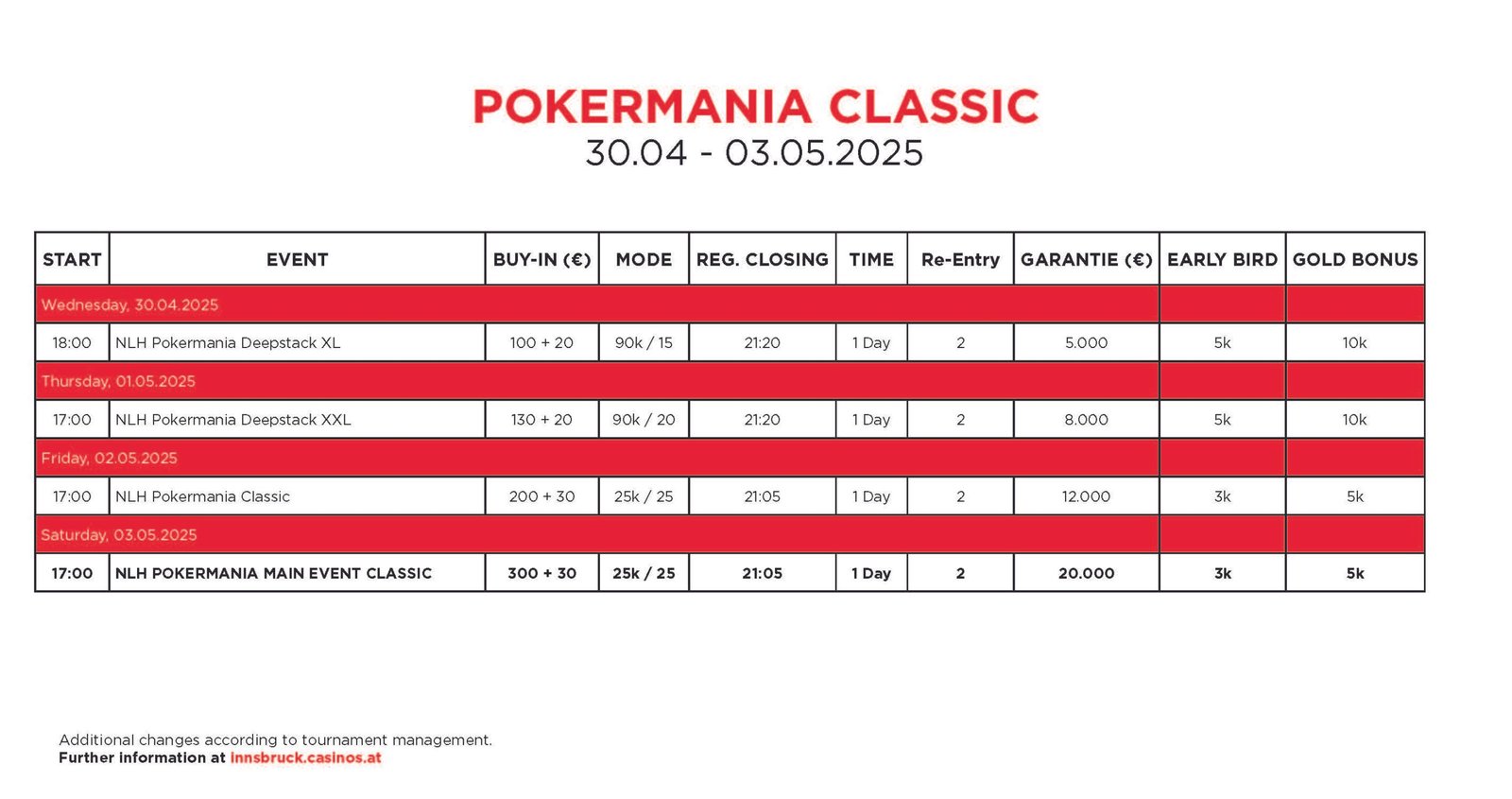 Ein Turnierplan für die Pokermania Veranstaltung vom 30. April bis 3. Mai 2025. Enthält Datum, Uhrzeit und Details zu verschiedenen Pokerturnieren.