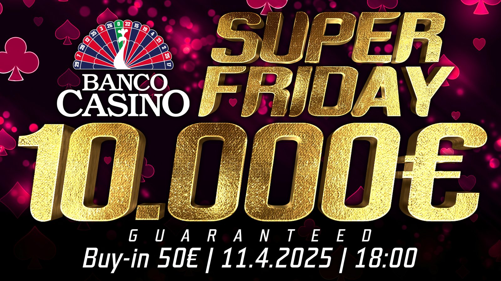 Ein leuchtendes Banner für ein Pokerturnier, das eine stilisierte Darstellung von Spielkarten und Pokerchips zeigt. Helle Farben und ein modernes Design.