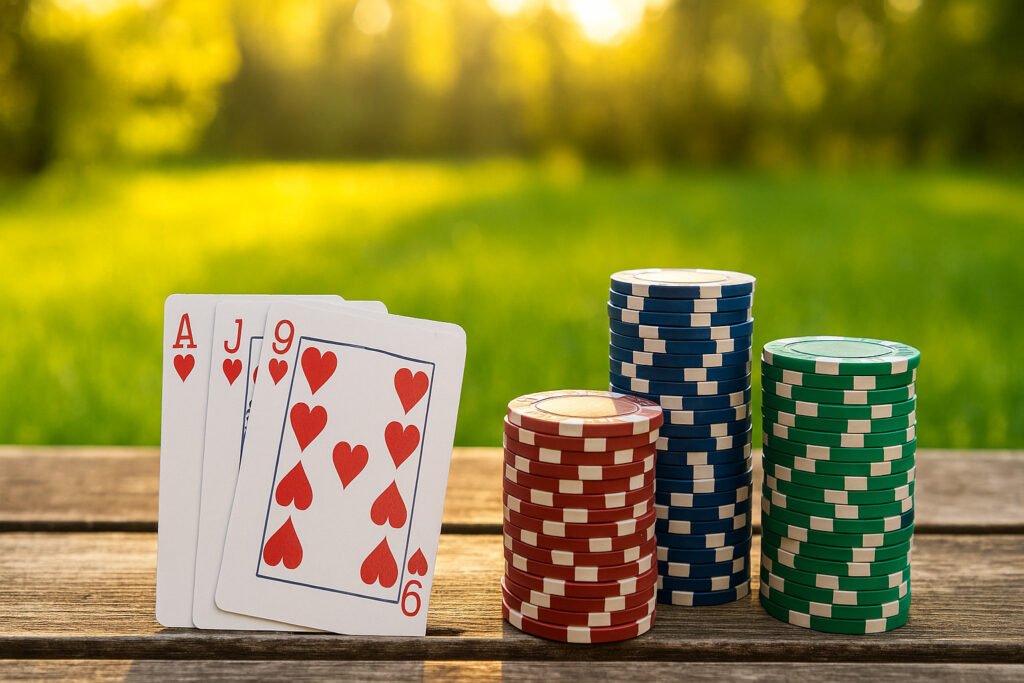 Ein Mann und eine Frau sitzen an einem Pokertisch und spielen eine Partie Poker. Der Mann hat eine Hand mit Karten, während die Frau auf ihr Smartphone schaut. Im Hintergrund sind Spielchips und Getränke