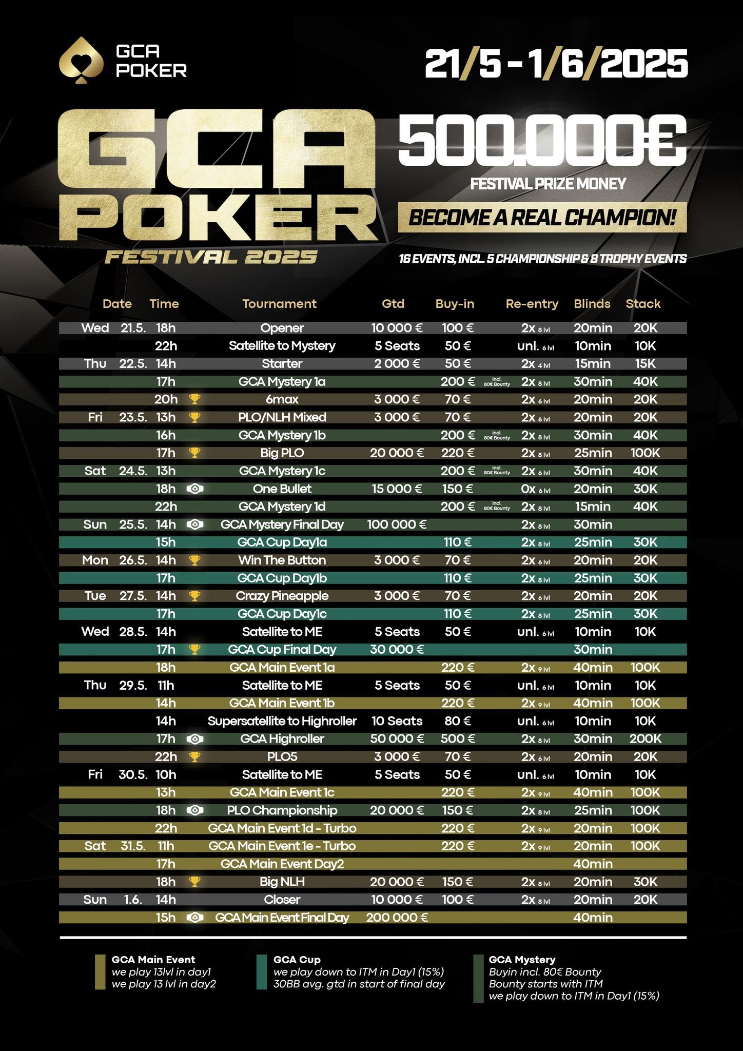 Ein Bild eines Festival-Veranstaltungskalenders für den Monat Mai 2025 mit verschiedenen Pokerturnieren und Events.