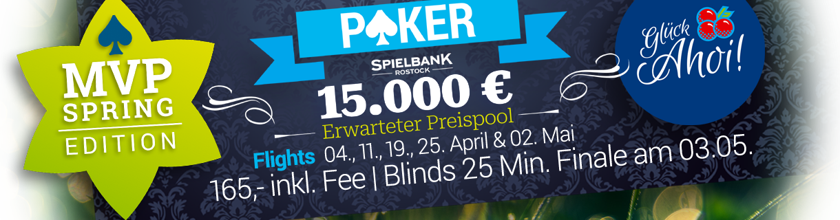 Ein Poster für das Pokerturnier "MVP Spring Edition" mit den Daten 14. März bis 3. Mai 2025, präsentiert von dailypokermirror.com. Das Design ist farbenfro