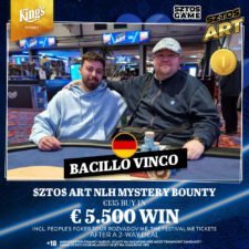 Ein bunter Pokertisch mit Spielkarten, Jetons und Getränken, umgeben von verschiedenen Spielerinnen und Spielern in einem Casino.