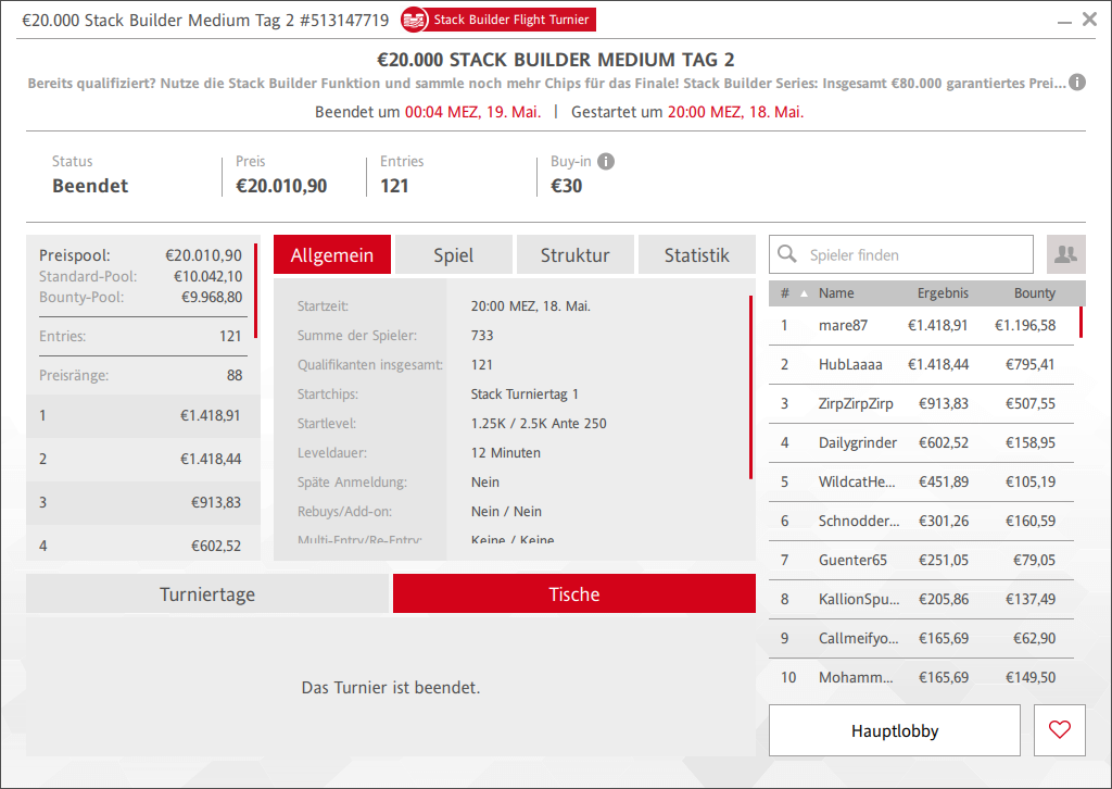 Ein Pokertisch mit einem Stapel von 20.000 Chips, umgeben von Spielkarten und Pokerchips.