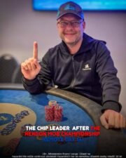 Ein Mann mit dunklen Haaren und Bart sitzt an einem Pokertisch und hält zwei Karten in der Hand. Er trägt ein schwarzes Hemd und eine schwarze Kappe. Im Hintergrund sind Pokerchips und