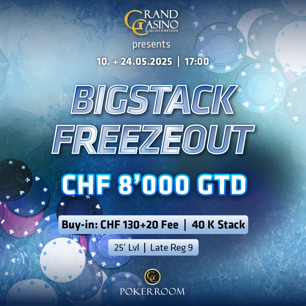 Ein Tisch mit Pokerchips, Karten und einem Dealer-Button. Im Vordergrund ein großer Chipstapel mit dem Schriftzug "Bigstack Freezeout".