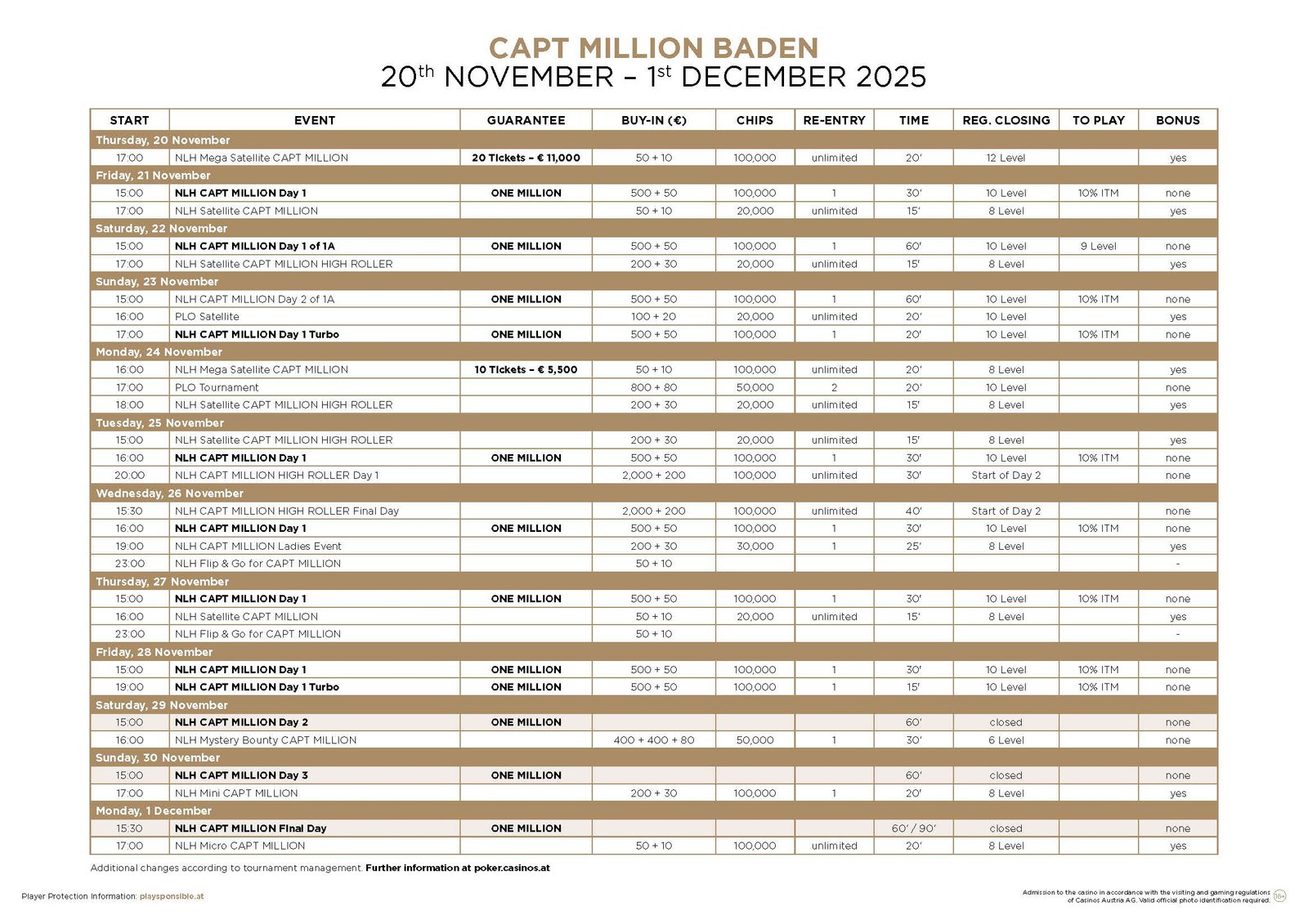 Ein Poster mit dem Turnierplan für das CAPT MILLION Pokerturnier im Jahr 2025. Das Bild zeigt Informationen zu den verschiedenen Turnierterminen und -orten.