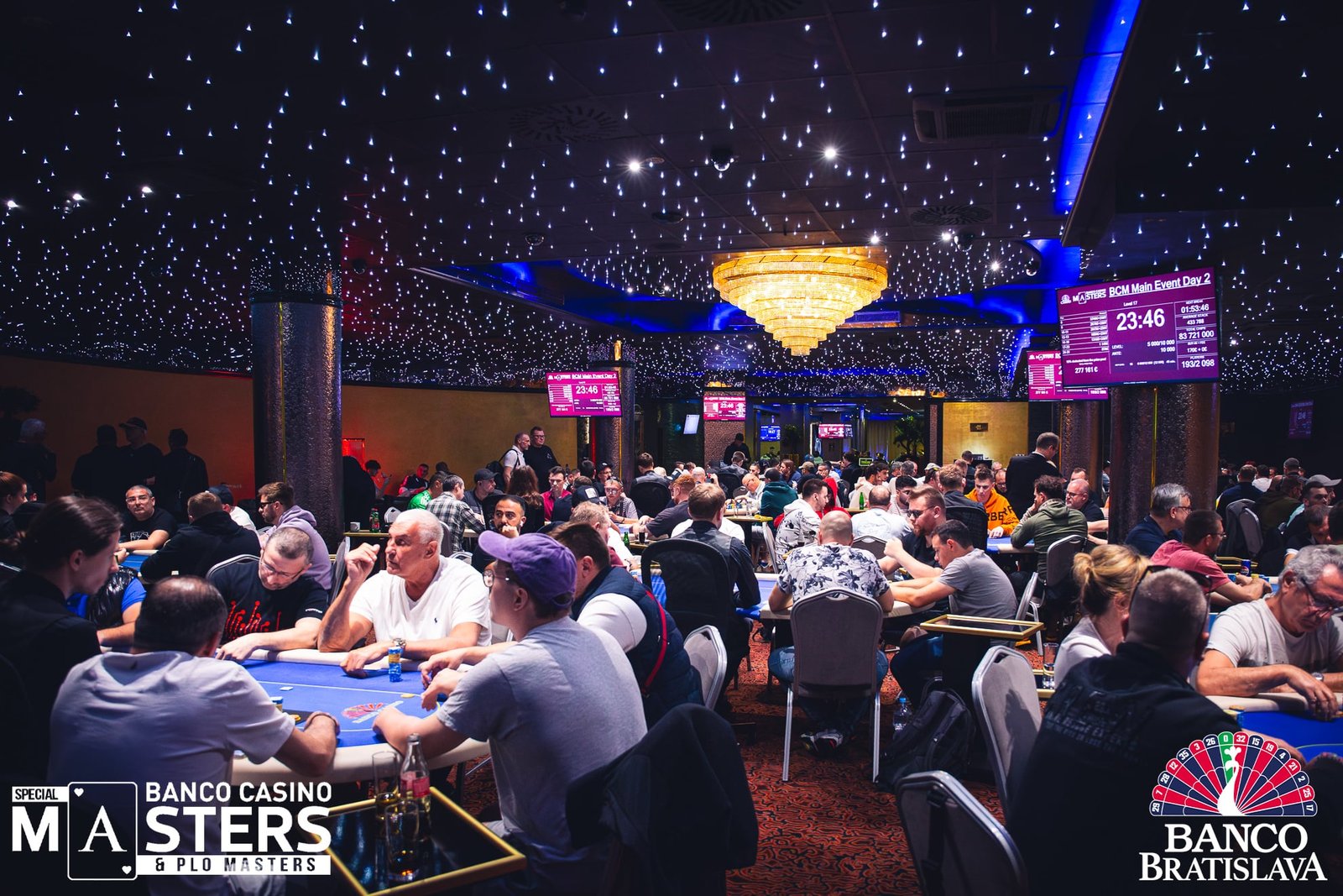 Ein Blick auf den finalen Pokertisch während des Turniers, mit Spielern, die Karten halten und Chips stapeln, umgeben von Zuschauern und einer Spannung in der Luft.