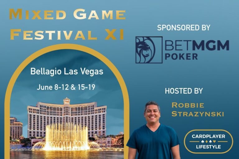 Ein Bild von einem Pokertisch im Bellagio Casino während des Mixed-Games-Festivals. Die Spieler sitzen um den Tisch und konzentrieren sich auf ihre Karten. In der Mitte des Tisches befinden sich