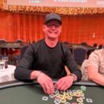 Ein professioneller Pokertisch mit grünem Filz, umgeben von Spielkarten, Chips und einem Dealer-Button.