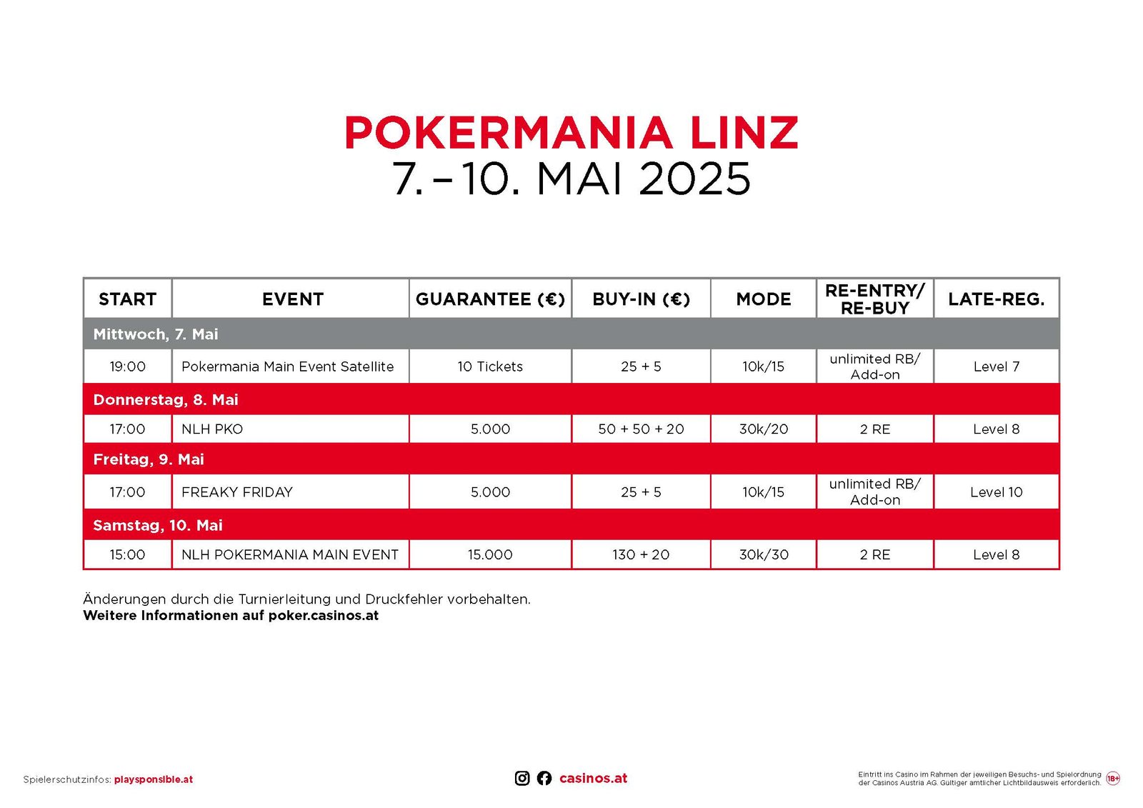 Ein Bild eines Pokerturnierplans mit verschiedenen Turnierdetails und -zeiten in einer Liste formatiert.