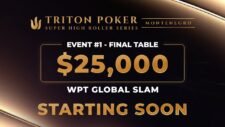 Ein Pokerturnier mit mehreren Spielern an einem Tisch, die Karten halten und Chips stapeln. Ein Spieler hat gerade einen großen Pot gewonnen und jubelt.
