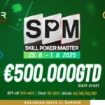 Ein spannendes Pokerspiel zwischen drei Personen in einem eleganten Raum mit grünen Filz-Tischen und professionellen Poker-Chips.
