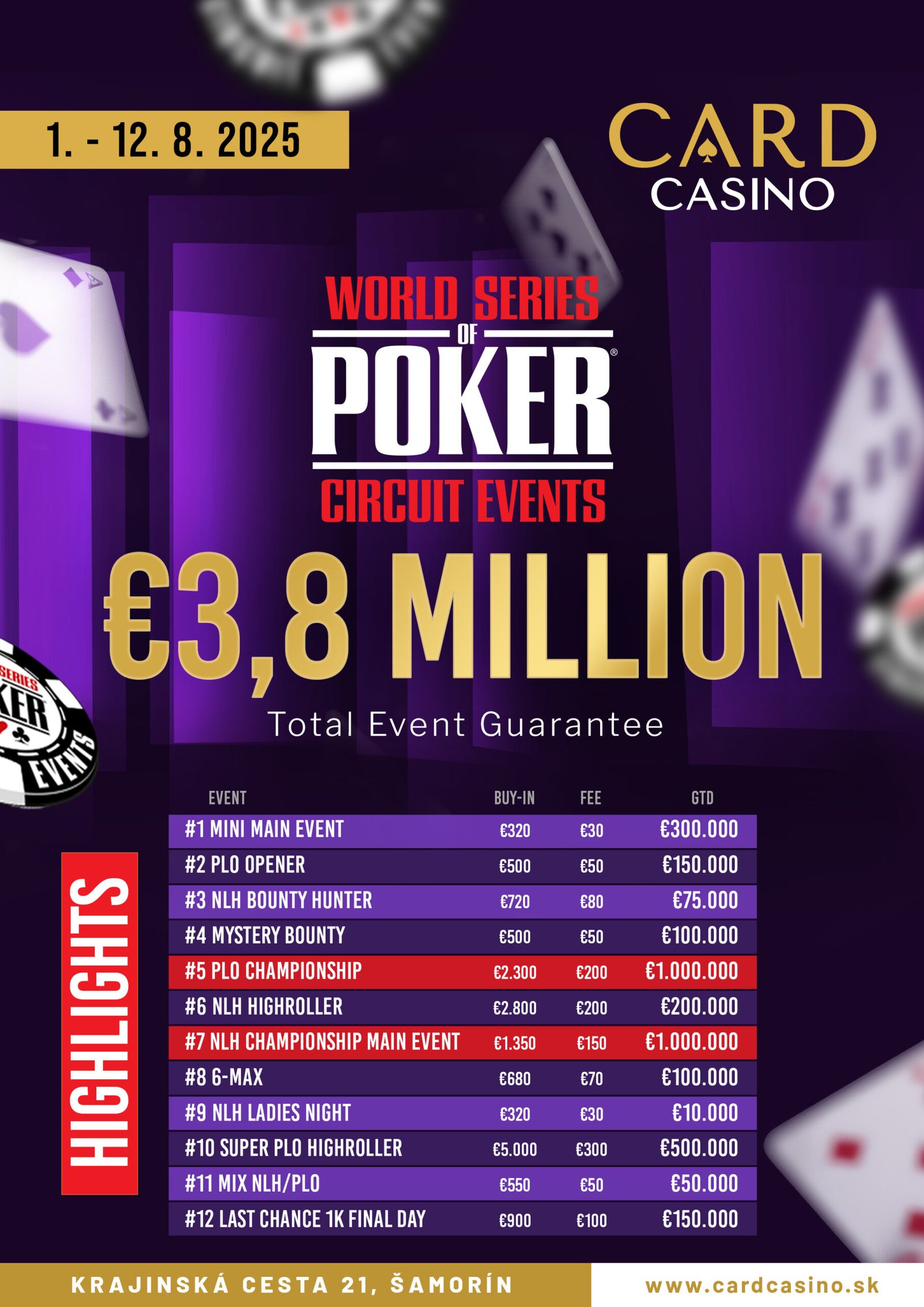 Ein Foto des Spielplans für die World Series of Poker Circuit im August 2025, mit verschiedenen Turnieren und Veranstaltungen markiert.